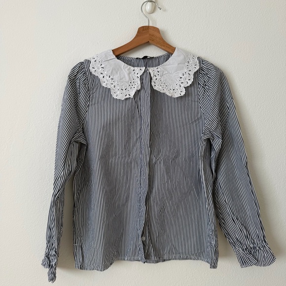 J. Crew Lace Collar Poplin Top Stripe Size XS BS126 Cottagecore Neutral Spring - Picture 2 of 13